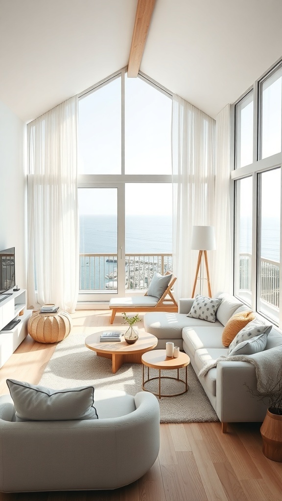 Ein minimalistisches Wohnzimmer im skandinavischen Design mit großen Fenstern, hellem Licht und stilvollen Möbeln.