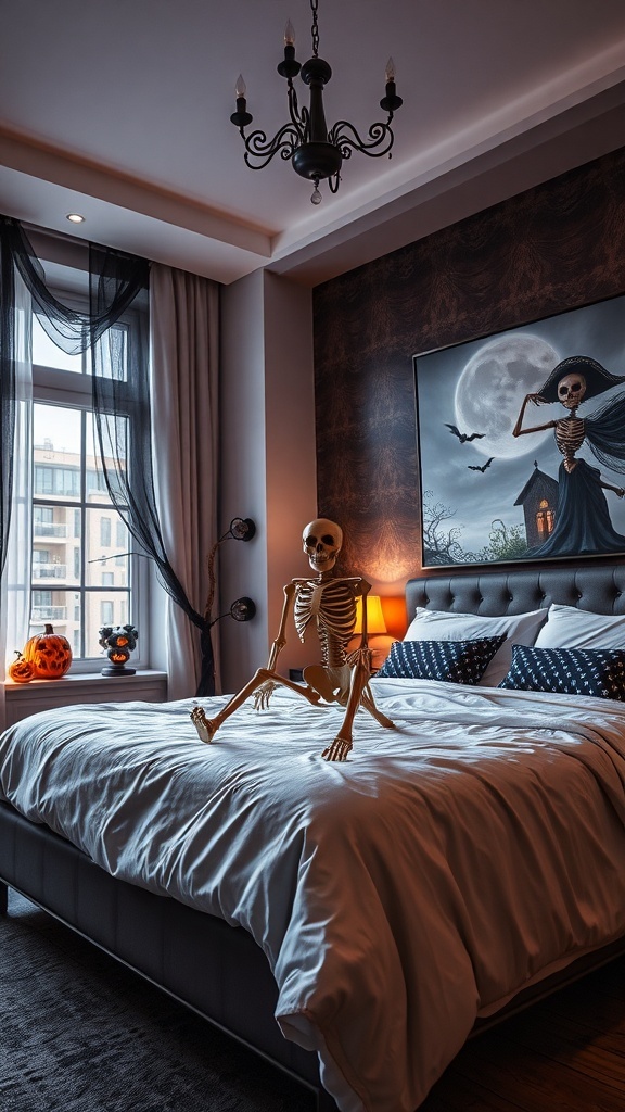 A skeleton sitting on a bed in a Halloween-themed bedroom with dark decor and spooky artwork.