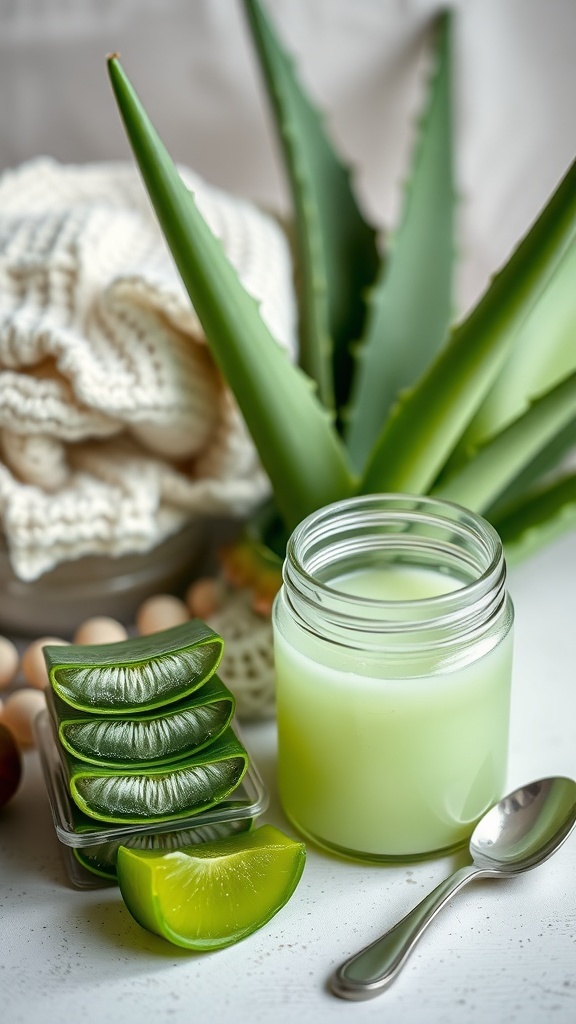 Aloe vera gel in a jar with fresh aloe leaves and lime slices