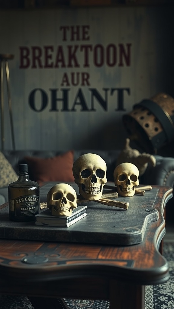 Decorative skulls and crossbones on a wooden table with a vintage background.