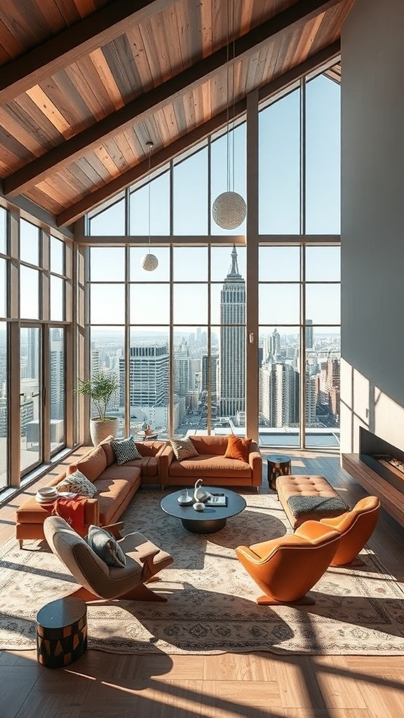 Ein stilvolles Wohnzimmer mit großen Fenstern und skulpturalen Möbeln, die eine moderne Atmosphäre schaffen.