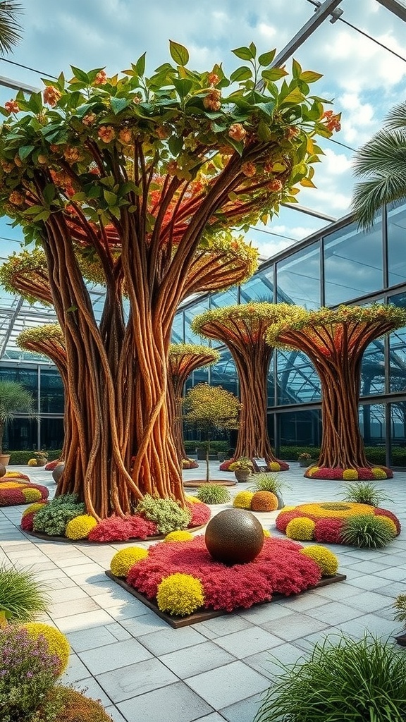 Ein Sky Garden mit einer Frau, die in einem eleganten Außenbereich sitzt, umgeben von Pflanzen und einer Stadtansicht.
