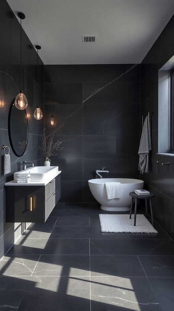 A modern bathroom featuring dark slate tiles, a freestanding bathtub, and stylish lighting.