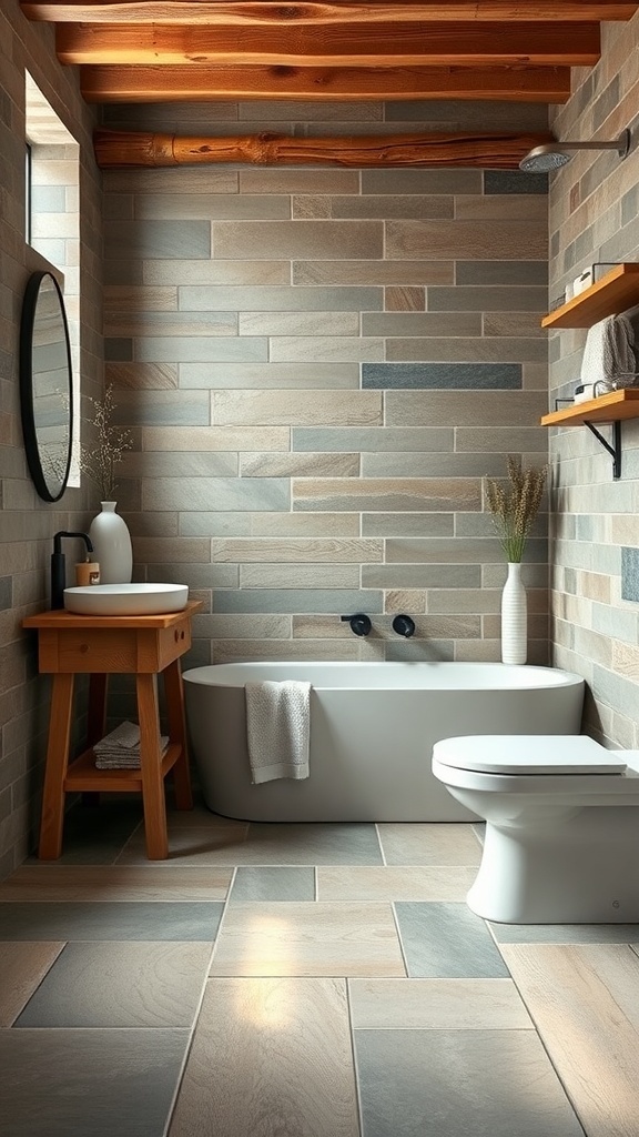 A rustic bathroom featuring slate tiles on the floor and walls, with wooden beams and a modern bathtub.
