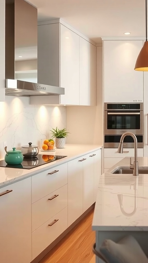 Modern kitchen with sleek appliances, white cabinets, and a teal kettle on the countertop