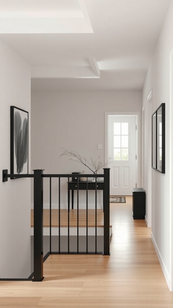 A modern hallway featuring a sleek black bannister and minimalist decor.