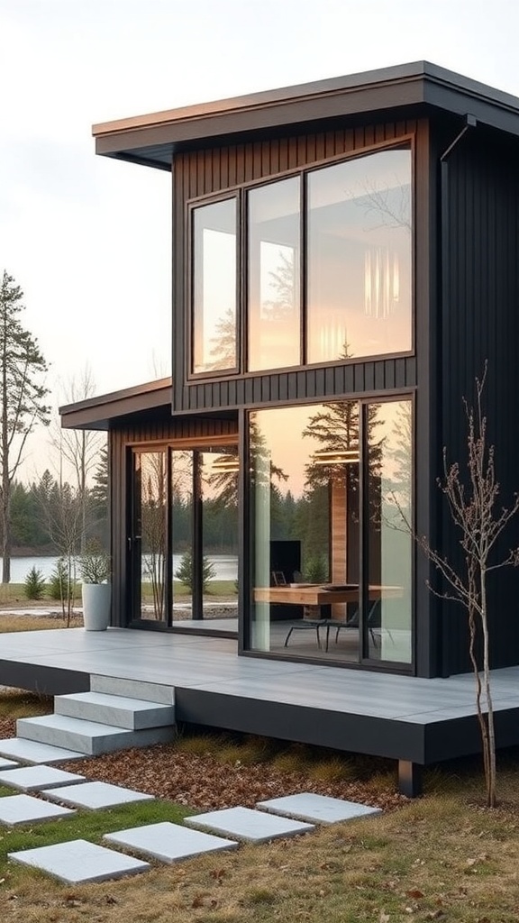 Modern house with sleek black finishes and large windows, surrounded by greenery.