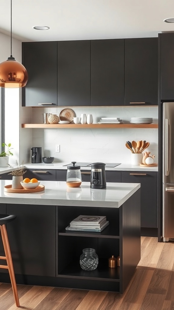 A modern kitchen island featuring a coffee station with a coffee maker, fresh oranges, and stylish dishware on open shelves.