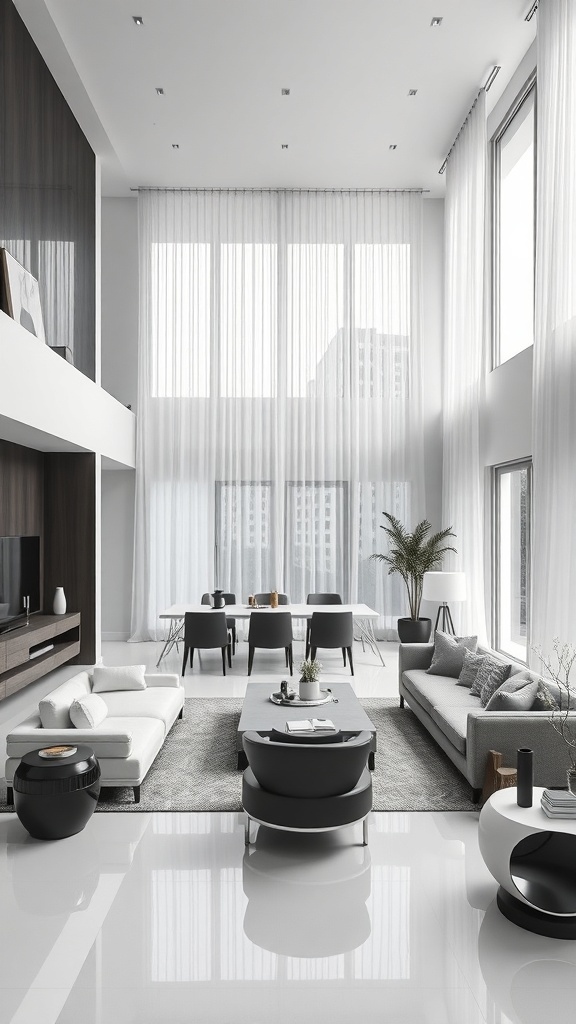 A sleek contemporary open concept living and dining room with high ceilings, large windows, and modern furniture.