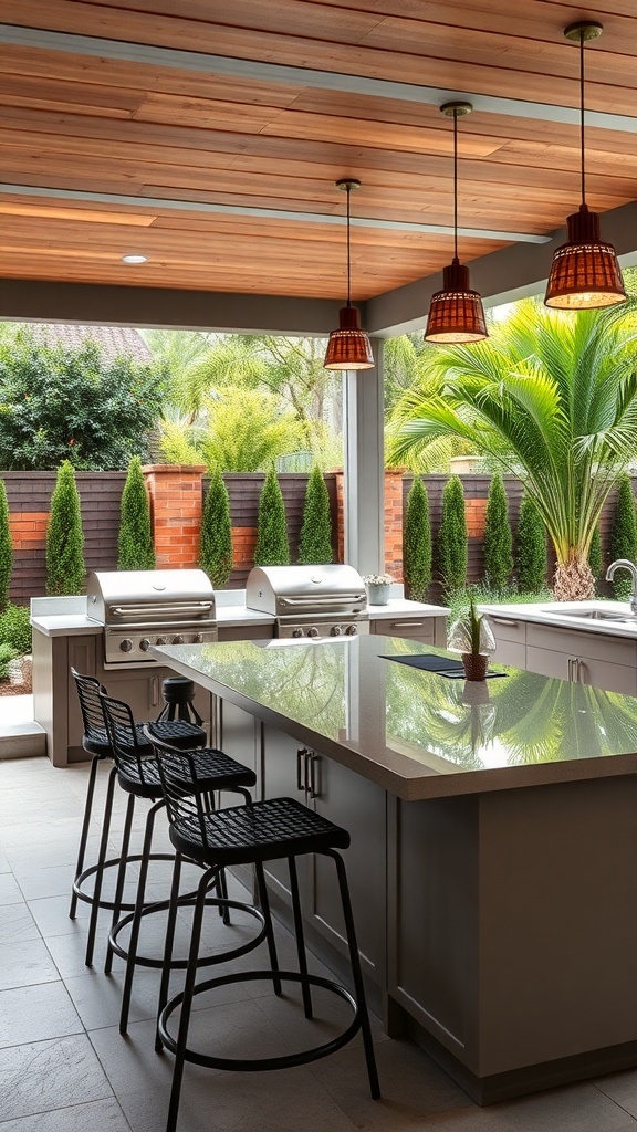Outdoor kitchen with sleek countertop seating and modern bar stools