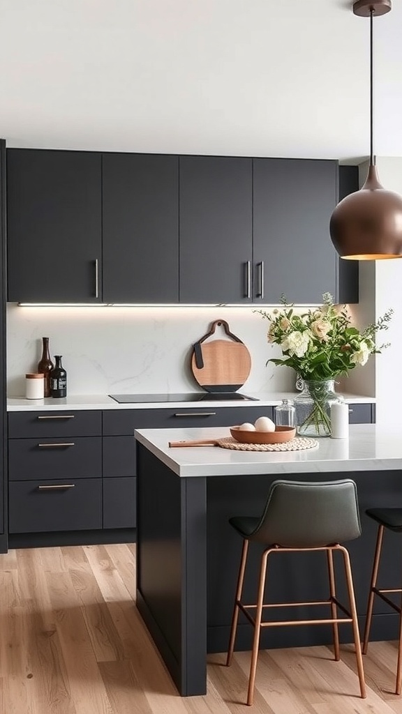 Modern Scandinavian kitchen with sleek dark cabinets, light countertops, and stylish bar stools