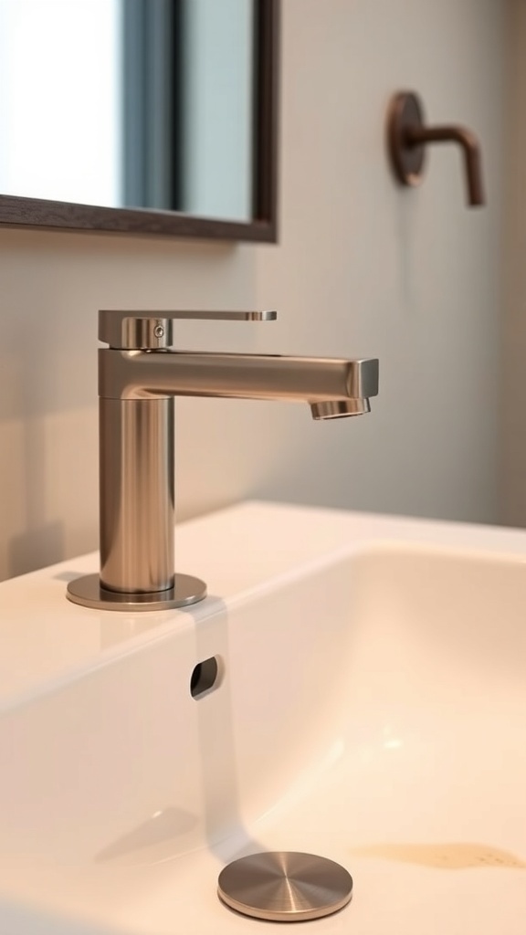 A modern, sleek faucet installed on a white sink with a minimalist design.