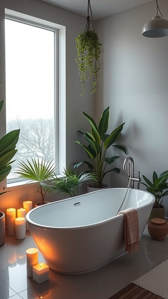 A sleek freestanding bathtub surrounded by candles and plants in a modern bathroom setting.