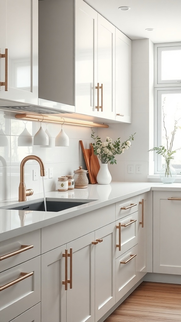 A modern Scandinavian kitchen featuring sleek brass hardware, minimalist cabinets, and elegant pendant lights.