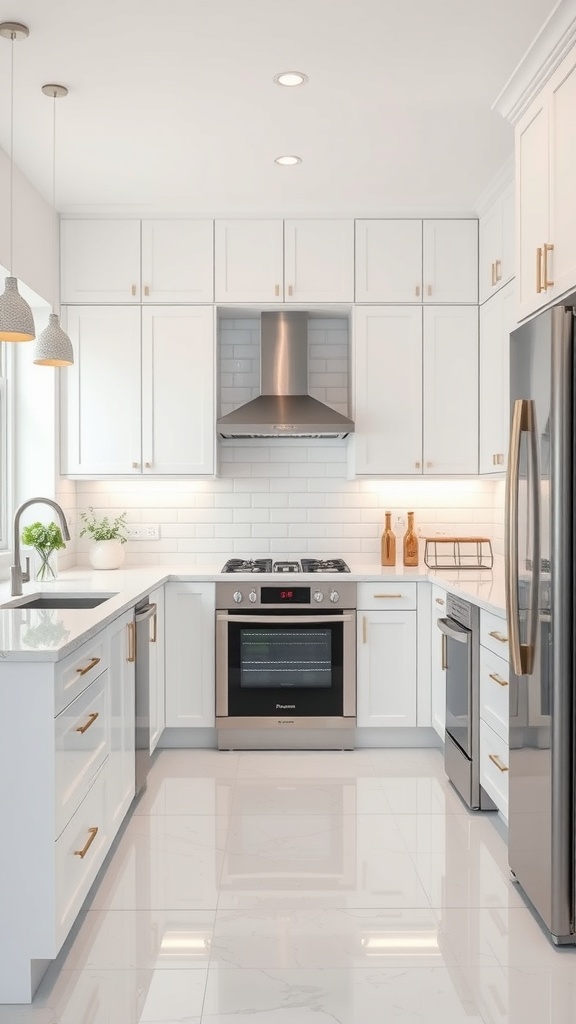 A modern kitchen featuring sleek high-gloss white cabinetry and gold hardware.