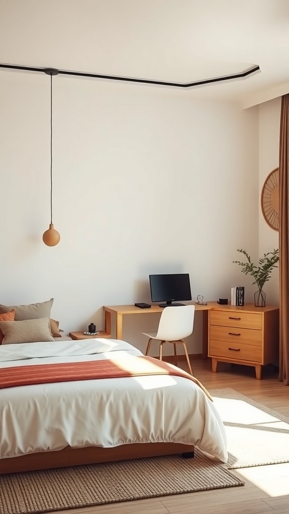 A sleek Japandi-inspired bedroom with a workspace featuring a desk, chair, and computer.