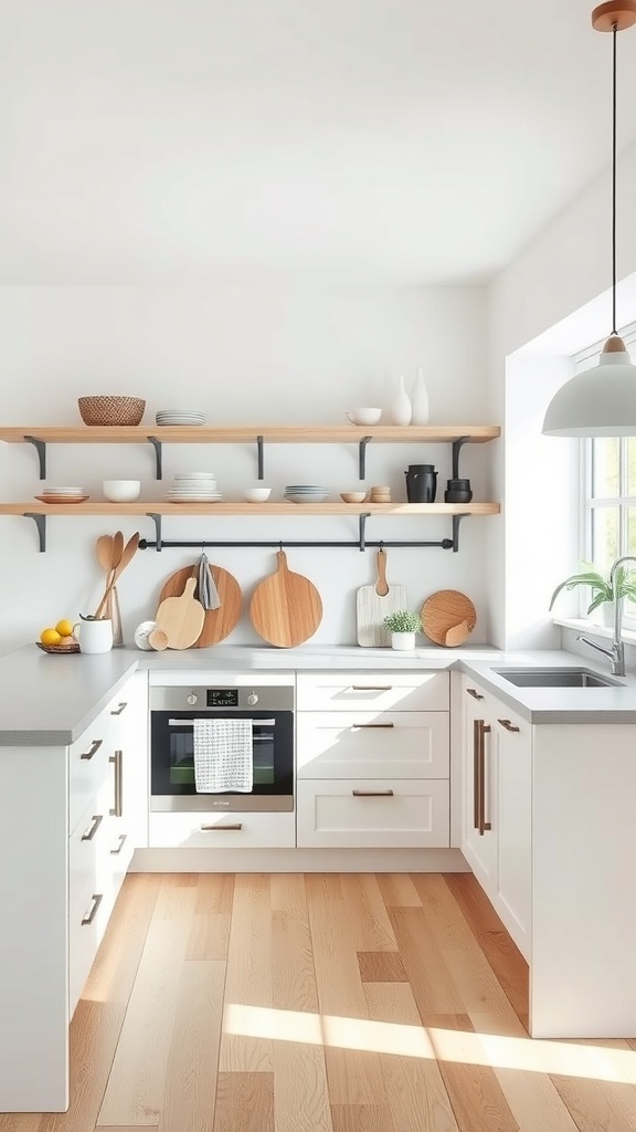 A sleek Scandinavian kitchen featuring white cabinets, wooden shelves, and a modern design.