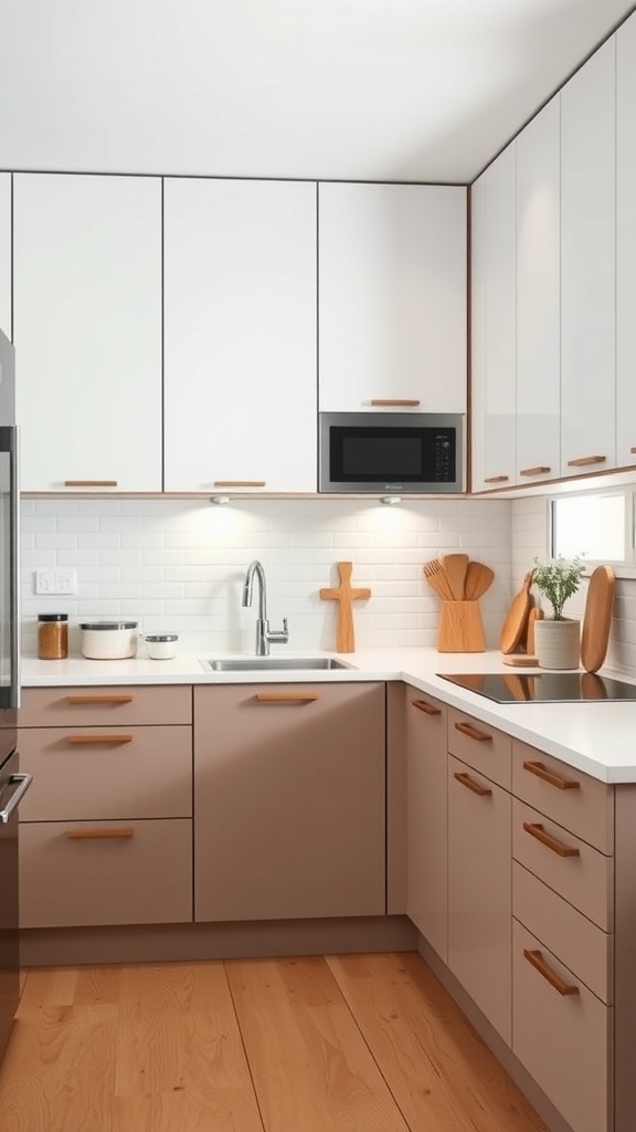 A modern Scandinavian kitchen featuring sleek cabinets, a neutral color palette, and warm wood accents.