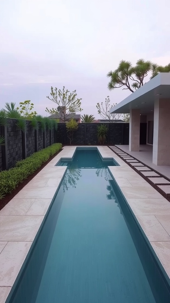 A sleek lap pool surrounded by greenery, designed for fitness enthusiasts.