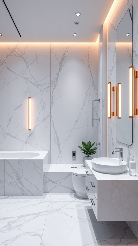 Modern bathroom with sleek marble accents, featuring a bathtub, sink, and stylish lighting.