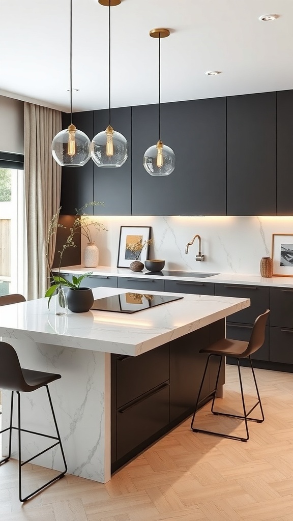 A modern kitchen featuring a sleek marble island with an integrated cooktop, dark cabinetry, and stylish bar stools.