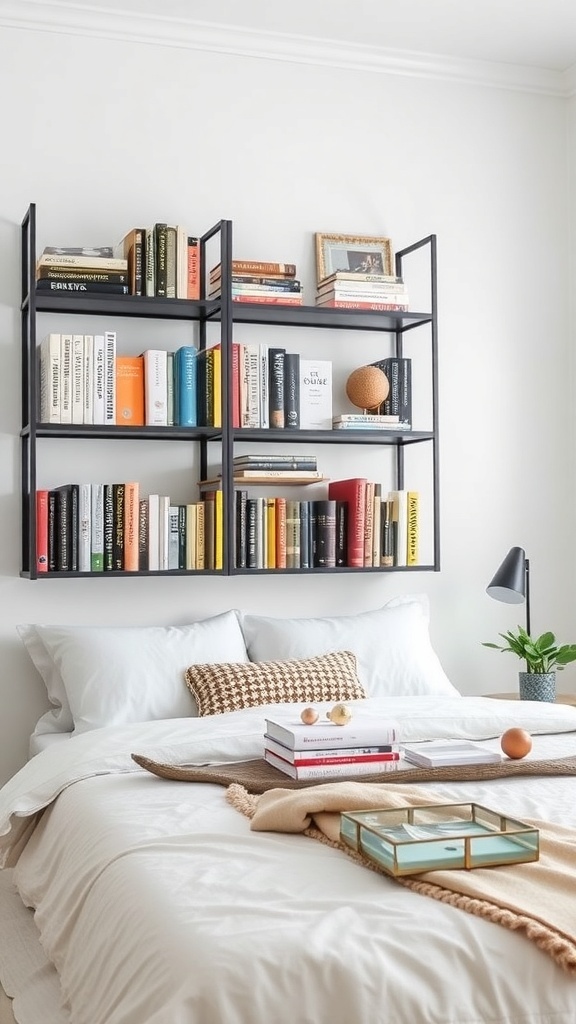 A sleek black metal bookshelf mounted above a bed, filled with colorful books and decorative items.