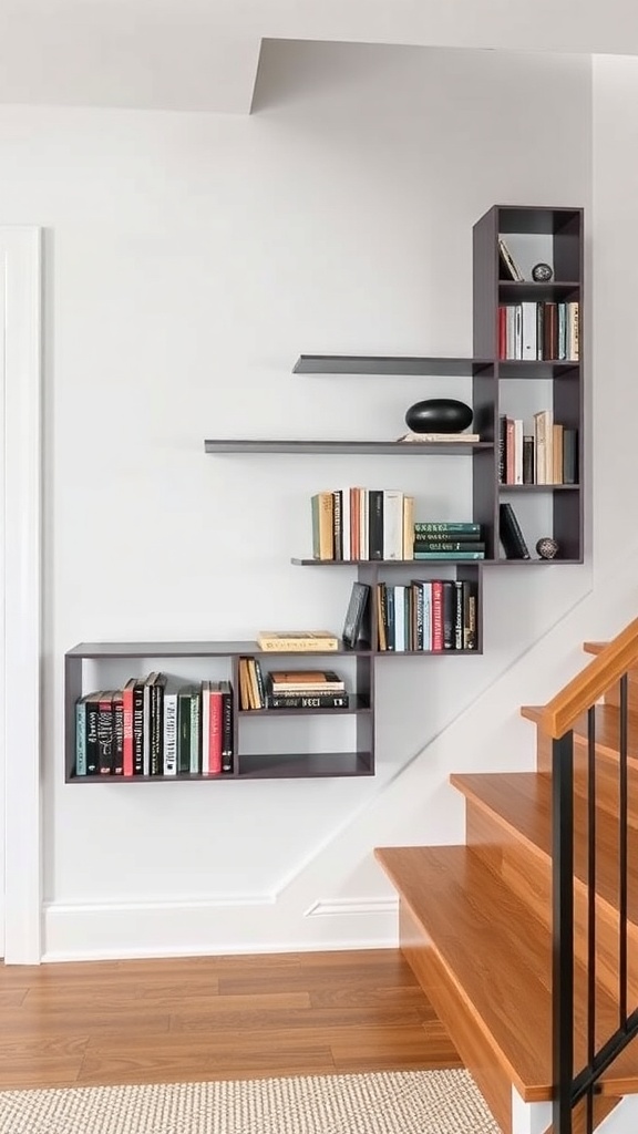 A modern staircase bookshelf design featuring sleek metal shelves arranged along the wall, showcasing books and decorative items.