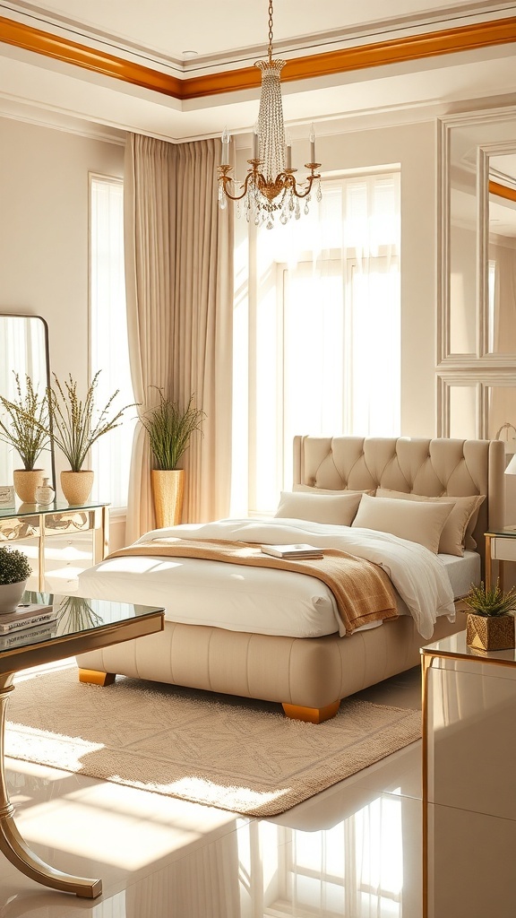 A luxurious Art Deco bedroom featuring a plush bed, metallic accents, and elegant decor.
