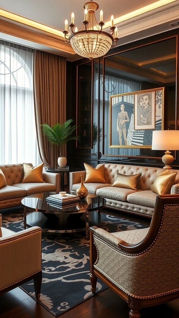 A stylish living room featuring a neutral sofa, cushions, and a side table with metallic accents, illuminated by natural light from large windows.