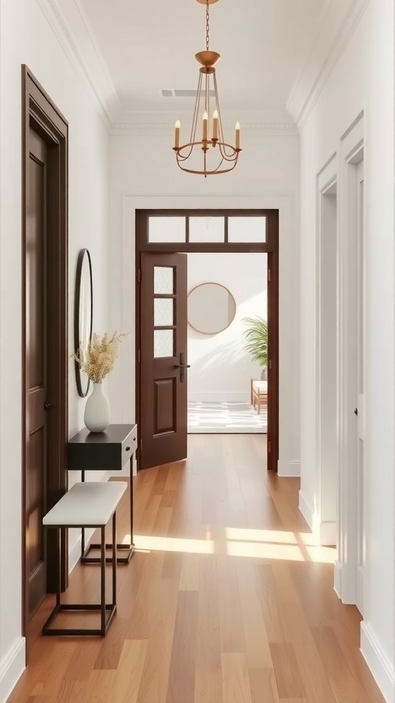 A sleek and minimalist entryway featuring wooden floors, white walls, and a stylish chandelier.