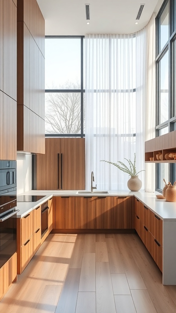 A modern kitchen featuring wooden cabinetry, large windows, and a minimalist design.