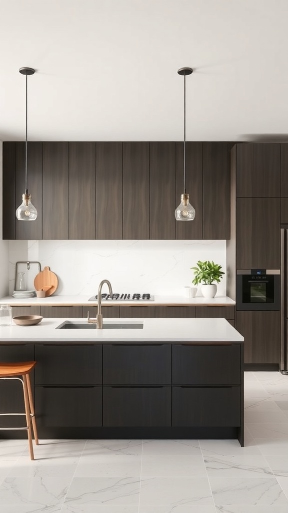 A modern kitchen featuring wooden cabinetry, a marble island, and stylish lighting.