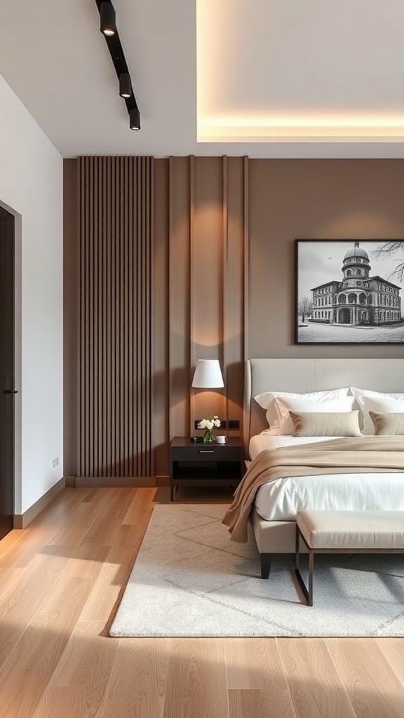 A modern minimalist bedroom with warm tones, textured walls, and sleek furniture.