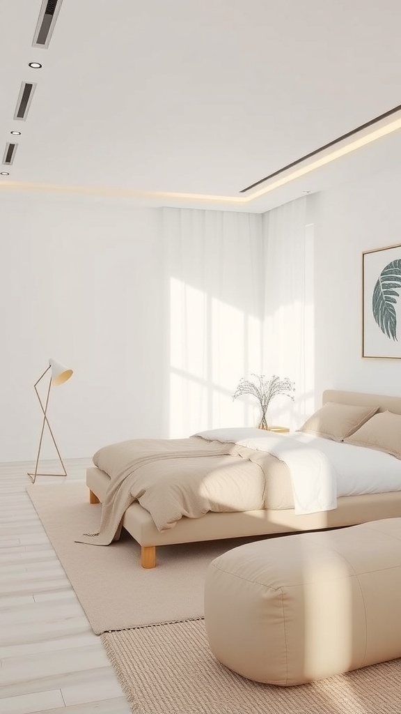A sleek minimalist bedroom featuring a beige bed, soft lighting, and simple decor.