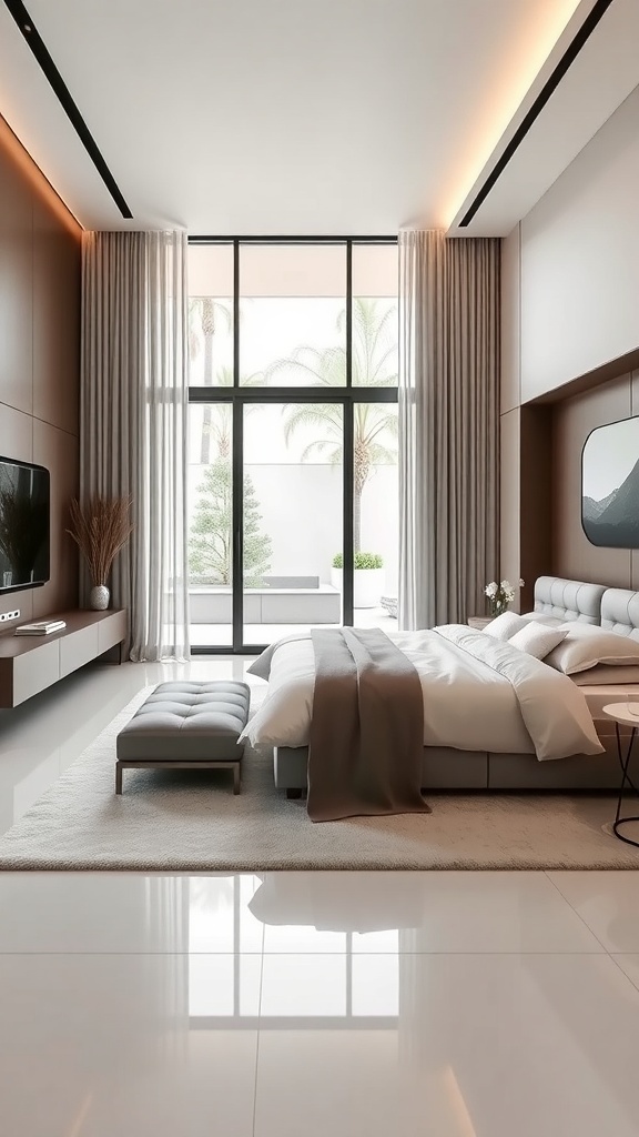 A modern minimalist bedroom featuring large windows, a sleek bed, and soft textures.
