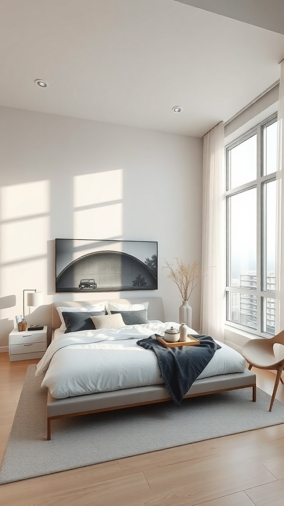 A sleek minimalist bedroom featuring a simple bed, large windows, and soft color tones.