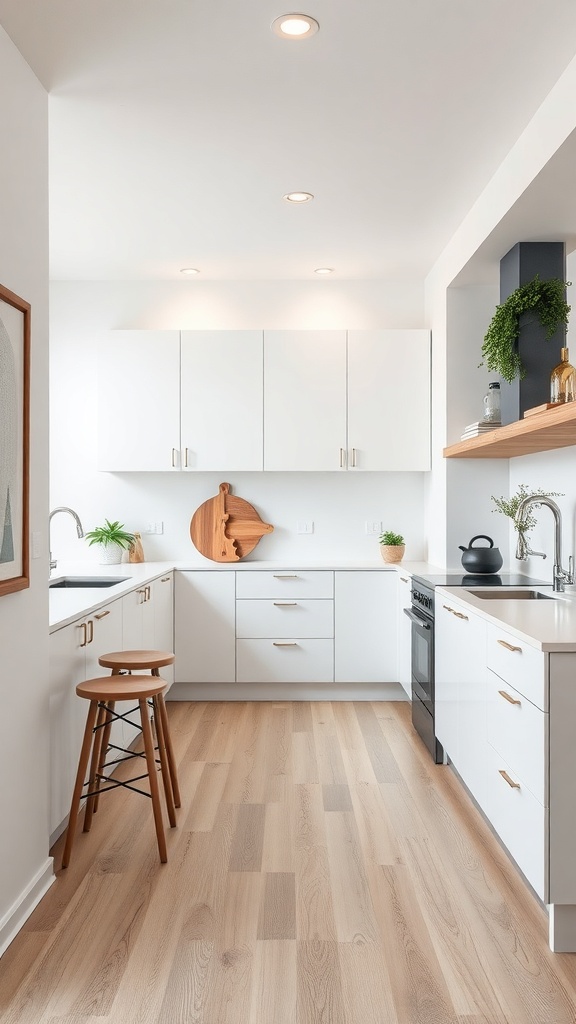 A sleek minimalist kitchen featuring white cabinets, wooden accents, and a light wood floor.