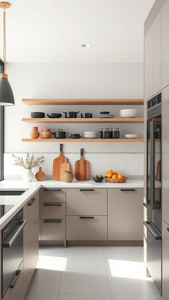 A modern kitchen featuring sleek minimalist design with open shelving displaying black and white dishware, a central island with a bowl of oranges, and warm lighting.
