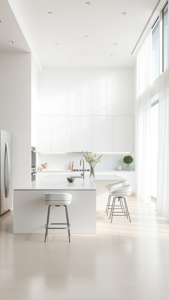 A sleek, minimalist kitchen featuring white cabinetry, a large island, and bright natural light.
