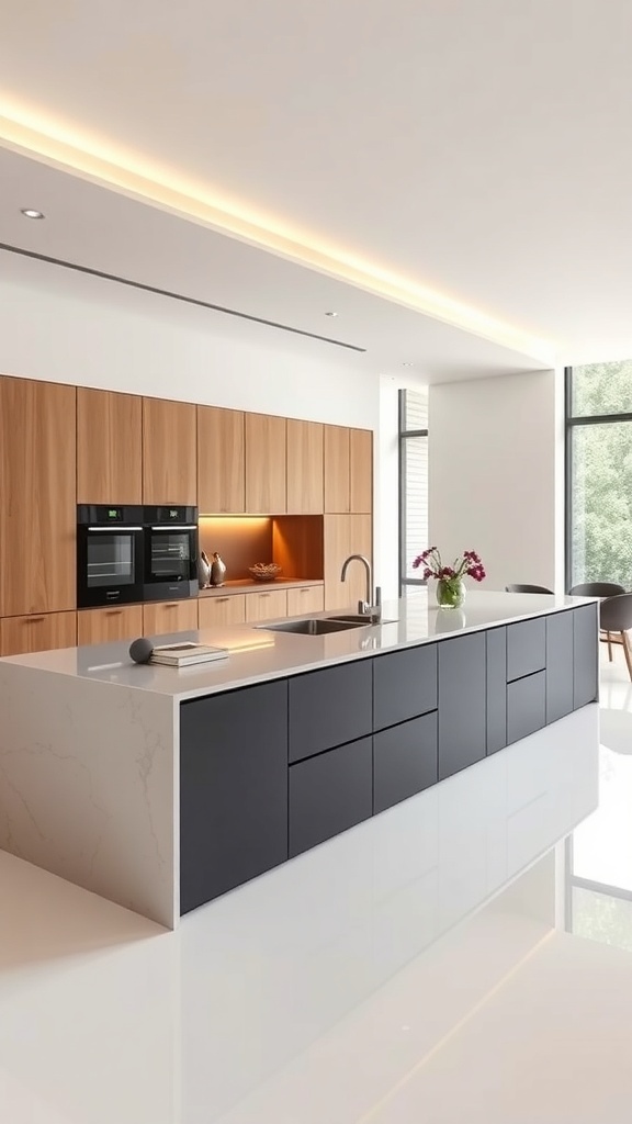 A sleek minimalist kitchen island with integrated appliances, featuring a modern design and bright ambiance.