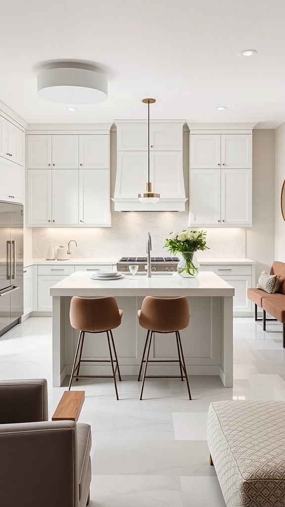 A sleek minimalist kitchen featuring white cabinets, a central island, and modern seating.