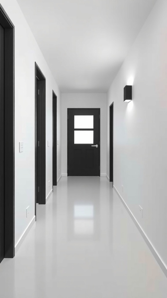 A sleek minimalist hallway with white walls, glossy floor, and black doors.