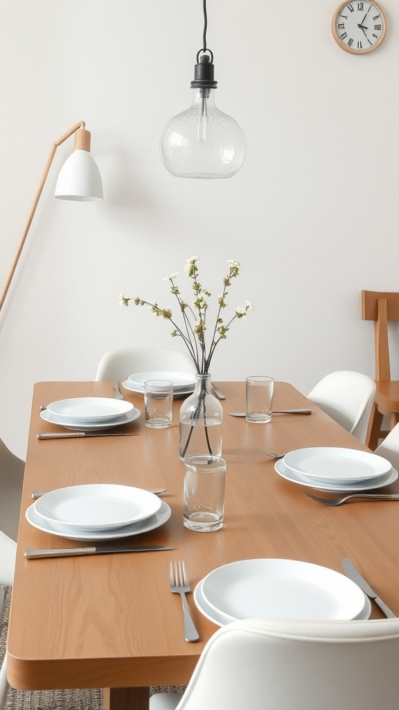Minimalist table setting with white plates, glassware, and a flower vase on a wooden table.