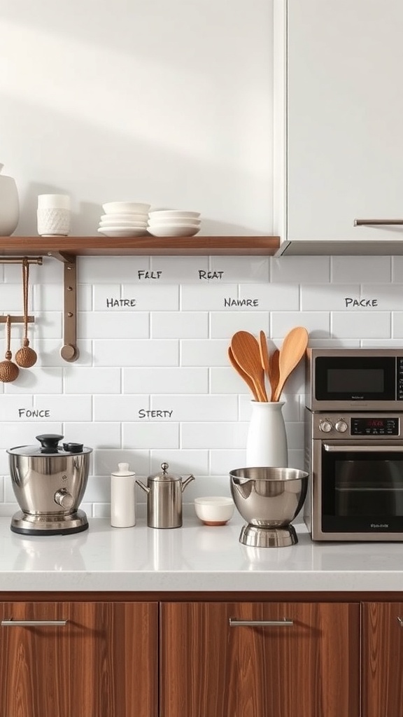 A modern kitchen countertop featuring sleek appliances, including a stand mixer, kettle, and mixing bowls, against a stylish backdrop.
