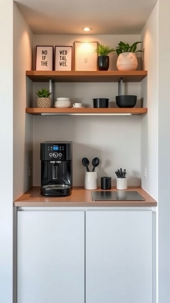 A sleek modern coffee area with a coffee maker, open shelves, and decorative plants.