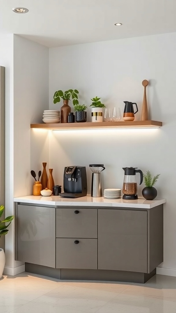 A sleek modern coffee bar with gray cabinetry, white countertop, and open shelving displaying coffee essentials and plants.