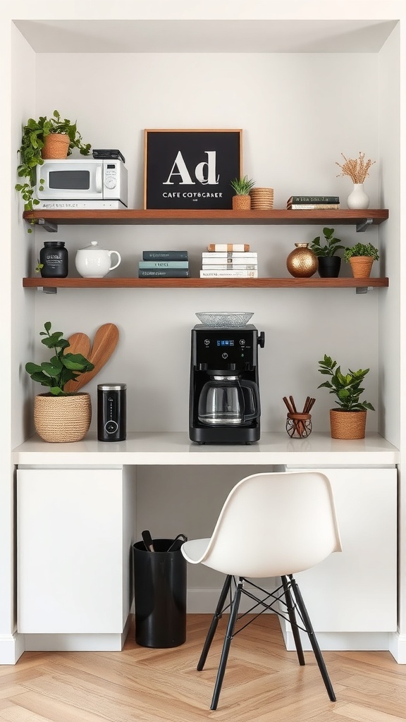 A sleek modern coffee nook featuring a coffee maker, shelves with plants and decor, and a minimalist desk.