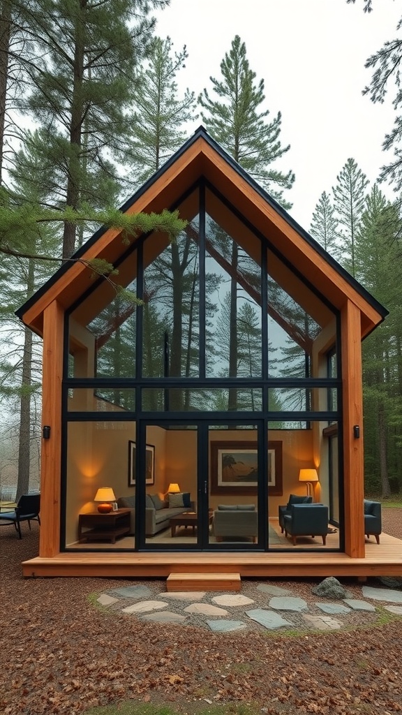 A modern cabin with large glass windows surrounded by trees.