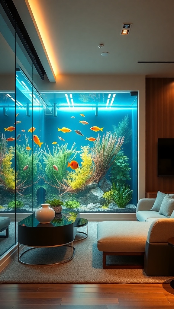 A modern living room featuring a large aquarium filled with colorful fish, surrounded by stylish furniture.