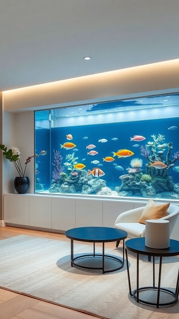 A modern living room featuring a large aquarium filled with colorful fish, accompanied by minimalist furniture.